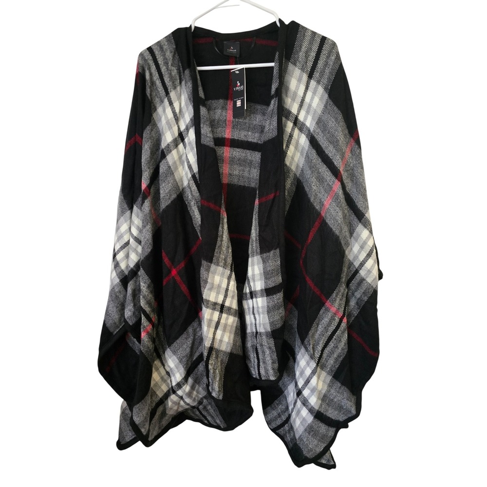 V. Fraas Plaid Poncho Wrap Black Red White Open Front One Size NWT